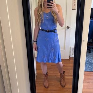 Blue linen dress with embroidered flower details